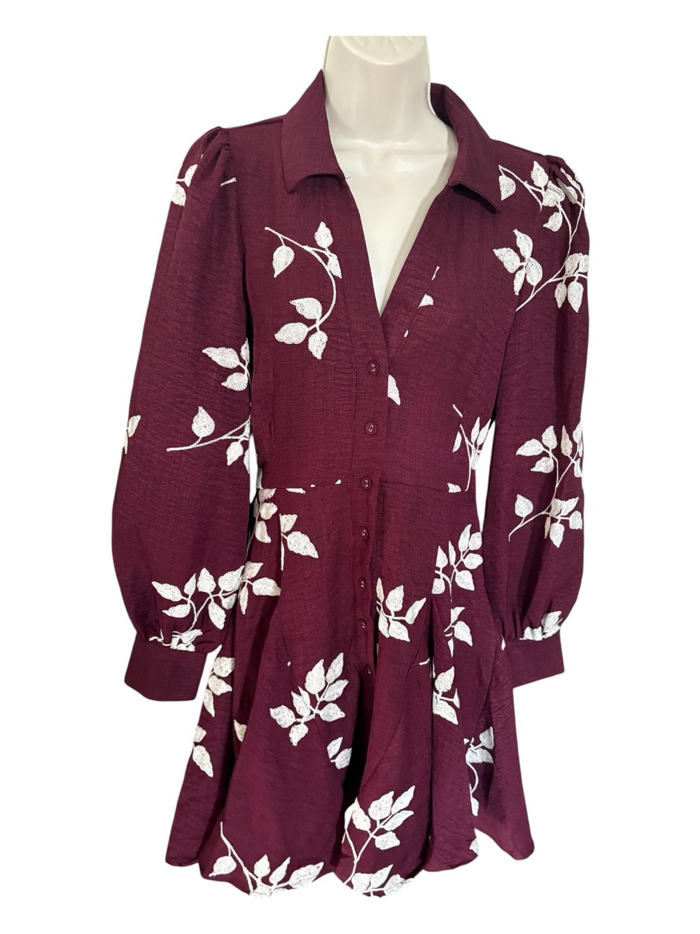 Women’s Mini Shirt Dress in Burgundy with White Floral Print - Picture 3 of 10